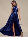 Belly Collar High-Low A-Line Satin Halter Bridesmaid Dress – Navy Blue