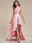 Belly Collar High-Low A-Line Satin Halter Bridesmaid Dress – Pink