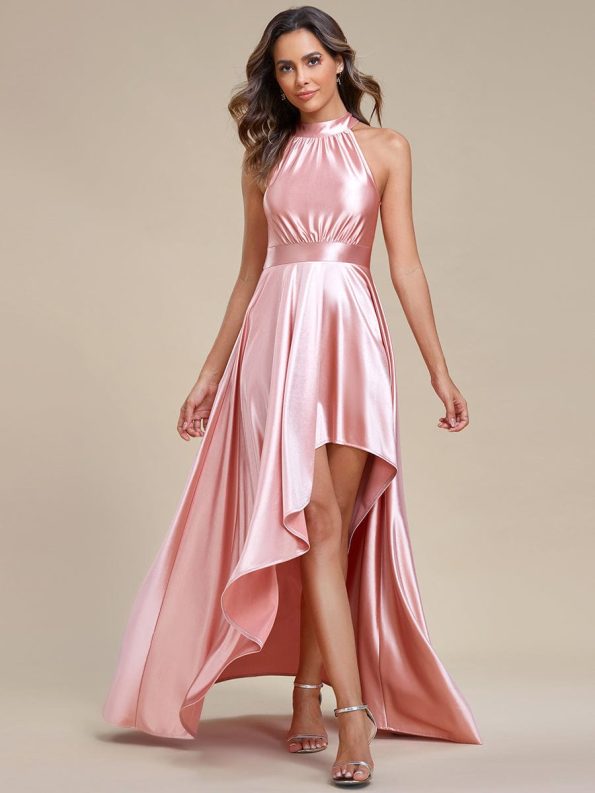 Belly Collar High-Low A-Line Satin Halter Bridesmaid Dress - Pink