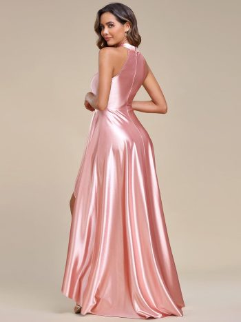 Belly Collar High-Low A-Line Satin Halter Bridesmaid Dress - Pink