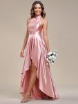 Belly Collar High-Low A-Line Satin Halter Bridesmaid Dress – Pink