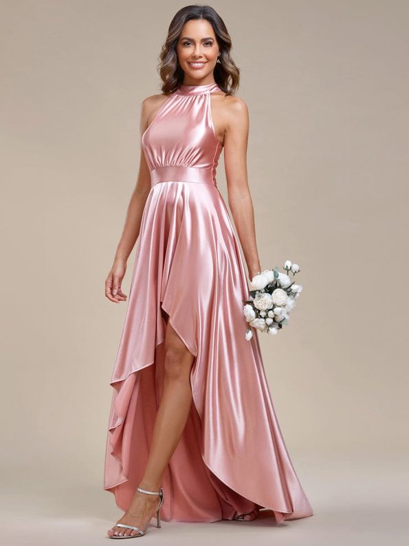 Belly Collar High-Low A-Line Satin Halter Bridesmaid Dress - Pink