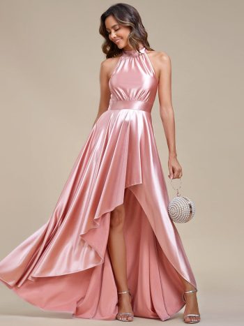 Belly Collar High-Low A-Line Satin Halter Bridesmaid Dress - Pink