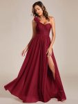 Sweetheart Neckline One Shoulder with Floral Tulle High Slit Bridesmaid Dress – Burgundy