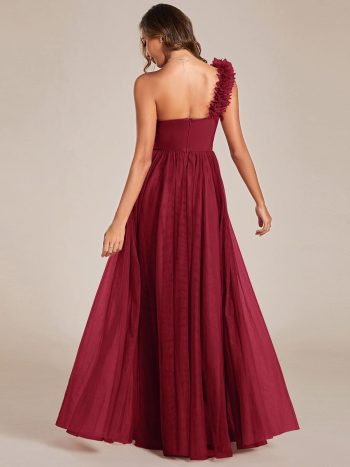 Sweetheart Neckline One Shoulder with Floral Tulle High Slit Bridesmaid Dress - Burgundy