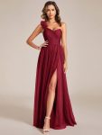 Sweetheart Neckline One Shoulder with Floral Tulle High Slit Bridesmaid Dress – Burgundy