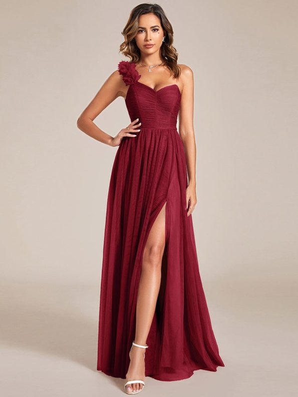 Sweetheart Neckline One Shoulder with Floral Tulle High Slit Bridesmaid Dress - Burgundy