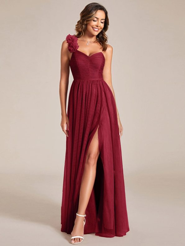 Sweetheart Neckline One Shoulder with Floral Tulle High Slit Bridesmaid Dress - Burgundy