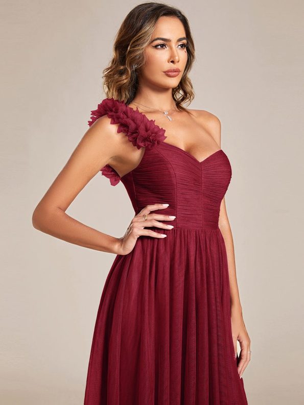 Sweetheart Neckline One Shoulder with Floral Tulle High Slit Bridesmaid Dress - Burgundy