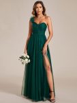 Sweetheart Neckline One Shoulder with Floral Tulle High Slit Bridesmaid Dress – Dark Green