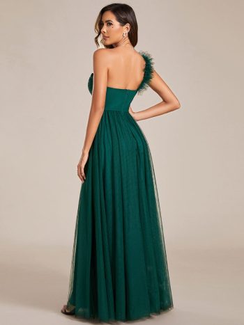 Sweetheart Neckline One Shoulder with Floral Tulle High Slit Bridesmaid Dress - Dark Green