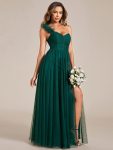 Sweetheart Neckline One Shoulder with Floral Tulle High Slit Bridesmaid Dress – Dark Green