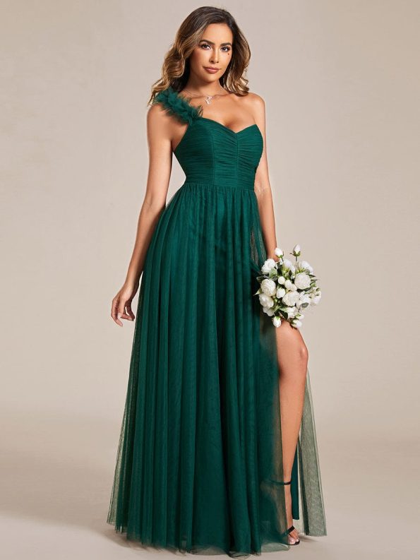 Sweetheart Neckline One Shoulder with Floral Tulle High Slit Bridesmaid Dress - Dark Green