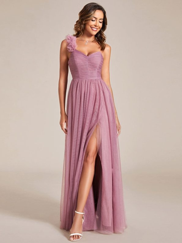 Sweetheart Neckline One Shoulder with Floral Tulle High Slit Bridesmaid Dress - Purple Orchid