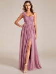 Sweetheart Neckline One Shoulder with Floral Tulle High Slit Bridesmaid Dress – Purple Orchid