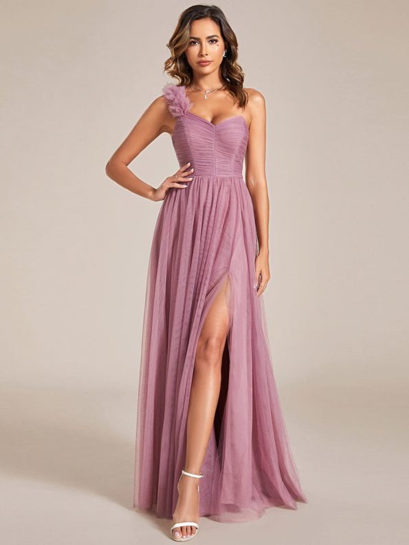 Sweetheart Neckline One Shoulder with Floral Tulle High Slit Bridesmaid Dress - Purple Orchid