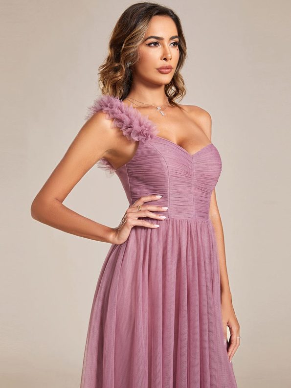 Sweetheart Neckline One Shoulder with Floral Tulle High Slit Bridesmaid Dress - Purple Orchid