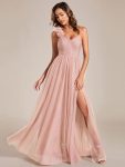 Sweetheart Neckline One Shoulder with Floral Tulle High Slit Bridesmaid Dress – Pink