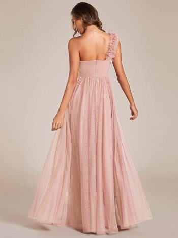 Sweetheart Neckline One Shoulder with Floral Tulle High Slit Bridesmaid Dress - Pink