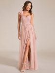 Sweetheart Neckline One Shoulder with Floral Tulle High Slit Bridesmaid Dress – Pink