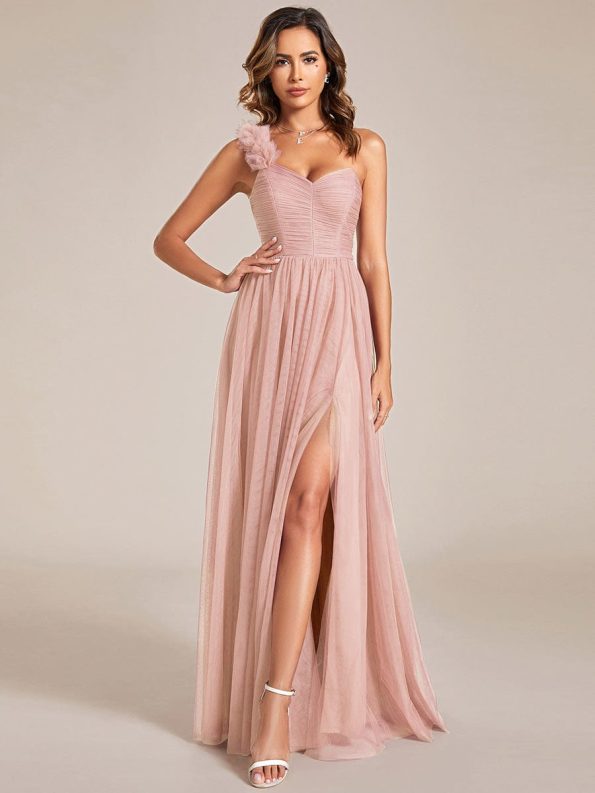 Sweetheart Neckline One Shoulder with Floral Tulle High Slit Bridesmaid Dress - Pink