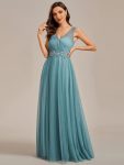 See-Through Shoulder Strap Flower Decoration Tulle Bridesmaid Dress – Dusty Blue