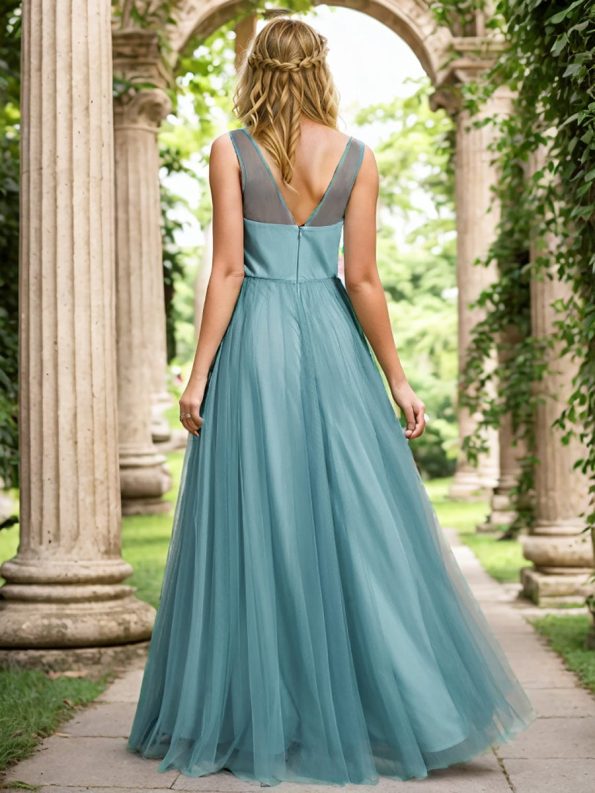 See-Through Shoulder Strap Flower Decoration Tulle Bridesmaid Dress - Dusty Blue