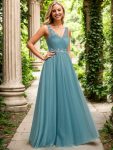 See-Through Shoulder Strap Flower Decoration Tulle Bridesmaid Dress – Dusty Blue