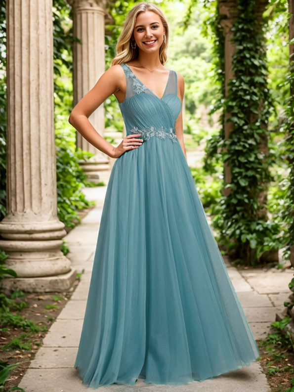 See-Through Shoulder Strap Flower Decoration Tulle Bridesmaid Dress - Dusty Blue