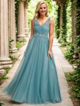 See-Through Shoulder Strap Flower Decoration Tulle Bridesmaid Dress – Dusty Blue