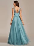 See-Through Shoulder Strap Flower Decoration Tulle Bridesmaid Dress – Dusty Blue