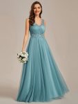 See-Through Shoulder Strap Flower Decoration Tulle Bridesmaid Dress – Dusty Blue