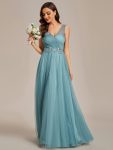 See-Through Shoulder Strap Flower Decoration Tulle Bridesmaid Dress – Dusty Blue