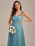 See-Through Shoulder Strap Flower Decoration Tulle Bridesmaid Dress – Dusty Blue