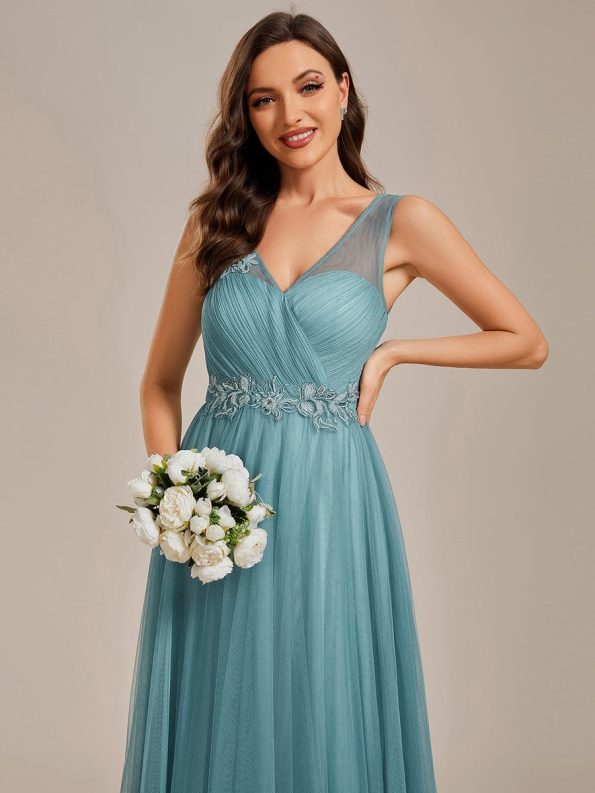 See-Through Shoulder Strap Flower Decoration Tulle Bridesmaid Dress - Dusty Blue