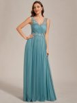 See-Through Shoulder Strap Flower Decoration Tulle Bridesmaid Dress – Dusty Blue