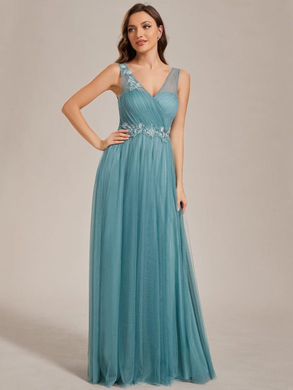 See-Through Shoulder Strap Flower Decoration Tulle Bridesmaid Dress - Dusty Blue