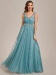 See-Through Shoulder Strap Flower Decoration Tulle Bridesmaid Dress – Dusty Blue