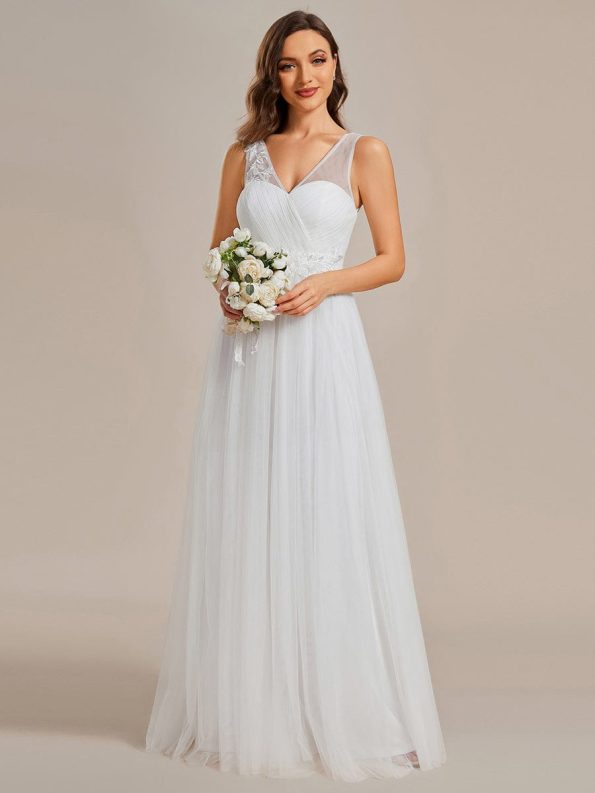 See-Through Shoulder Strap Flower Decoration Tulle Bridesmaid Dress - White