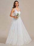 See-Through Shoulder Strap Flower Decoration Tulle Bridesmaid Dress – White