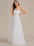 See-Through Shoulder Strap Flower Decoration Tulle Bridesmaid Dress – White