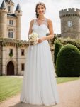 See-Through Shoulder Strap Flower Decoration Tulle Bridesmaid Dress – White