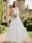 See-Through Shoulder Strap Flower Decoration Tulle Bridesmaid Dress – White