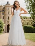 See-Through Shoulder Strap Flower Decoration Tulle Bridesmaid Dress – White