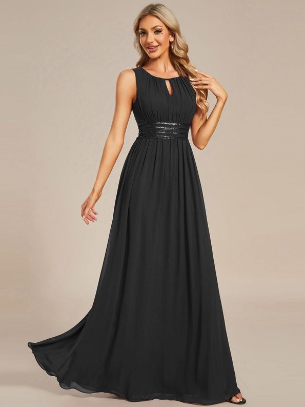 Simple Sleeveless A-line Chiffon Bridesmaid Dress with Hollow Out Detail - Black