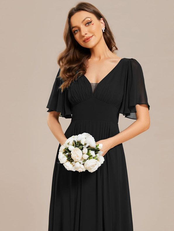 Simple Chiffon Short Sleeves Empire Waist A-Line Maxi Bridesmaid Dress - Black