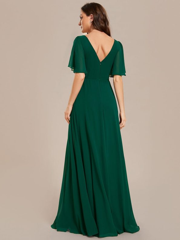 Simple Chiffon Short Sleeves Empire Waist A-Line Maxi Bridesmaid Dress - Dark Green