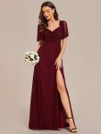 Glittery A-Line High Slit Elastic Waist Short Sleeves Back Lace-Up Bridesmaid Dress – Burgundy