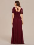 Glittery A-Line High Slit Elastic Waist Short Sleeves Back Lace-Up Bridesmaid Dress – Burgundy