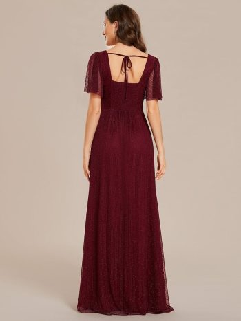 Glittery A-Line High Slit Elastic Waist Short Sleeves Back Lace-Up Bridesmaid Dress - Burgundy